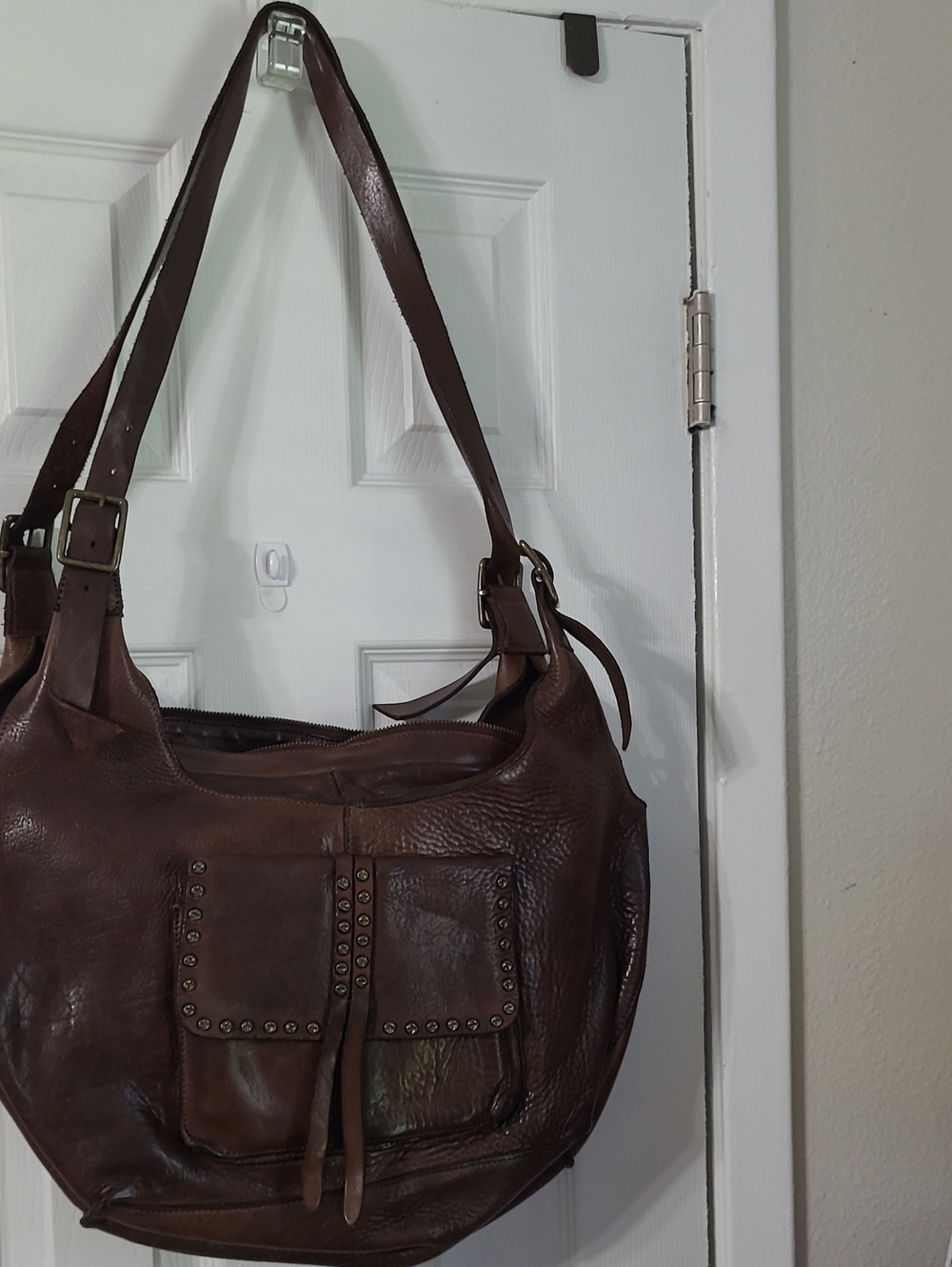 Brown Leather Studded Shoulder Bag